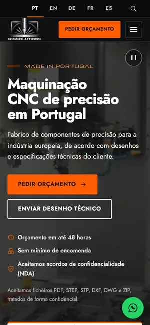 Página inicial do site da GIG Solutions no celular