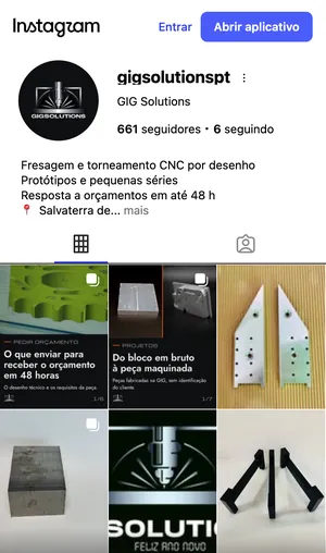 Perfil da GIG Solutions no Instagram, com bio e destaques nas cores do site